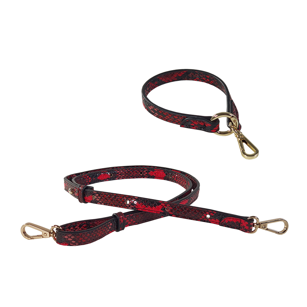 Längenverstellbarer Gurt Schulterriemen und kurzer Henkel Riemen Loop Schlüsselanhäger rot-schwarz Pythonoptik Goldmetal