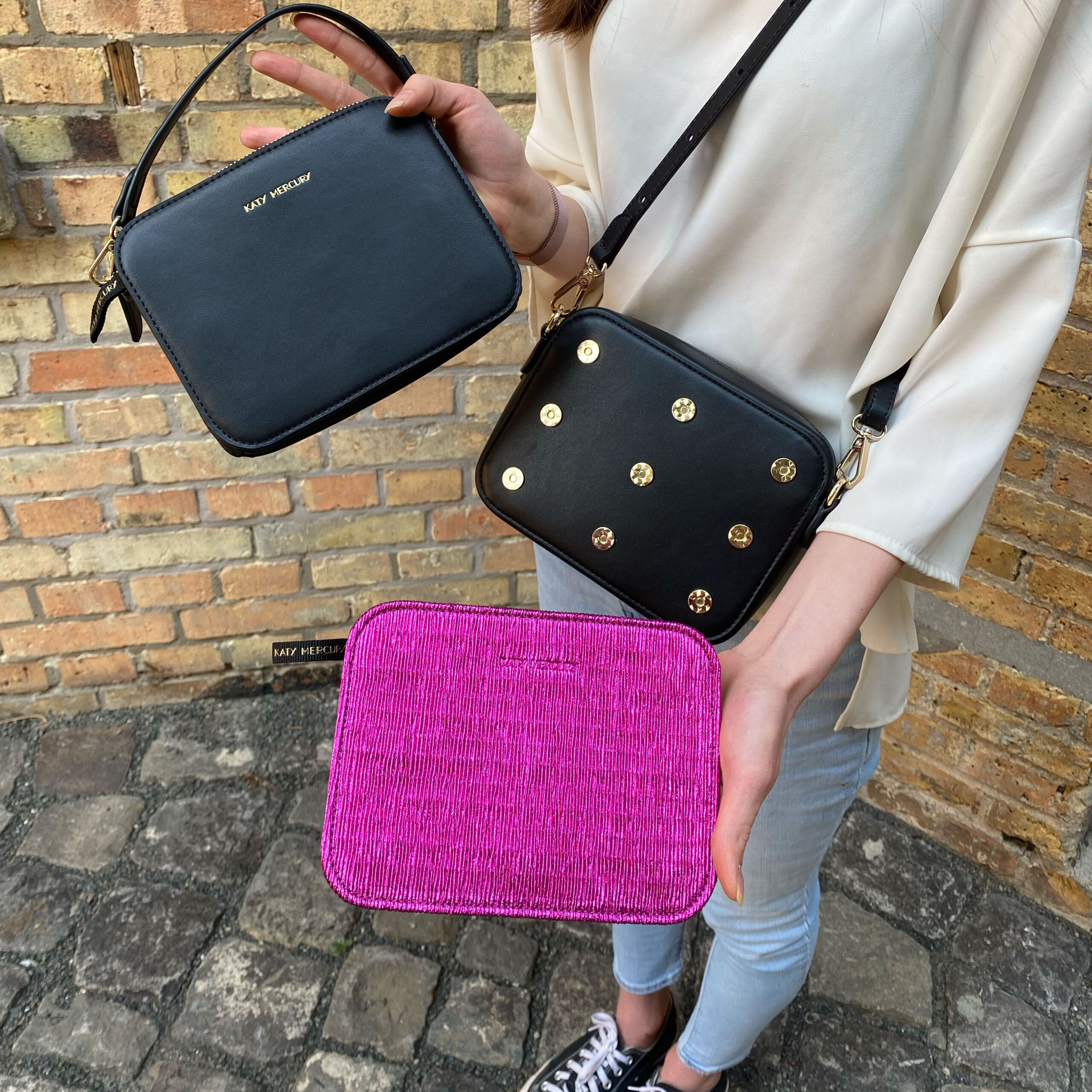 Katy Mercury Bag#1 mit StyleCOVER Wechselklappe Pink metallic und Schwarzes Nappaleder Vegan Leather klassisches Wechsel-Cover Umhängetasche und kleines Täschchen