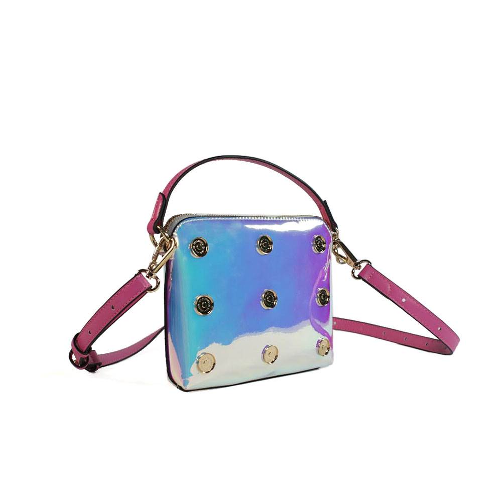 Regenbogen Bag kleine Tasche Schimmer-Pouch auf Taschenkörper aufklipsen Katy Mercury wandelbare Tasche mit Charms auf Rückseite Pink Riemen Schultergurt