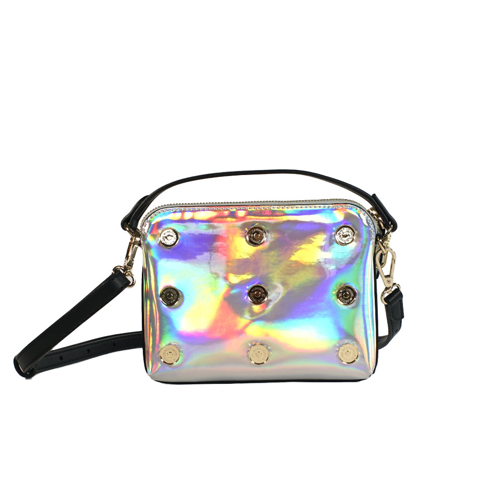 kleine Umhängetasche Rainbow Shimmer-Pouch auf Taschenkörper aufklipsen Katy Mercury wandelbare Tasche mit Charms auf Rückseite schwarzer Riemen Schultergurt