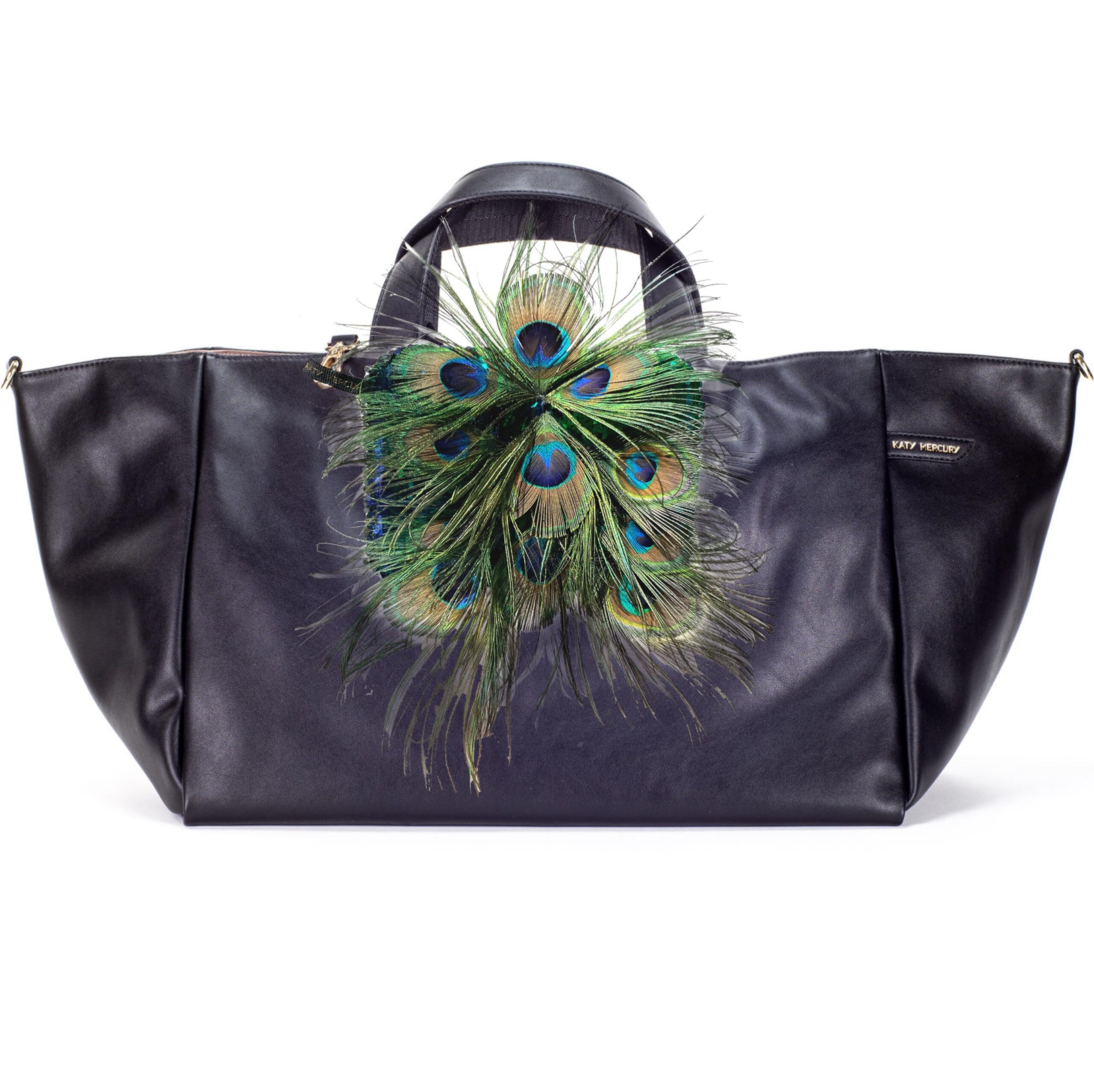 Pfauenfeder StyleCOVER auf WendeSHOPPER und Clutch mit Pfauenfedern SCHWARZ Peacock feathers for KATY MERCURY Bags wandelbare Handtaschen