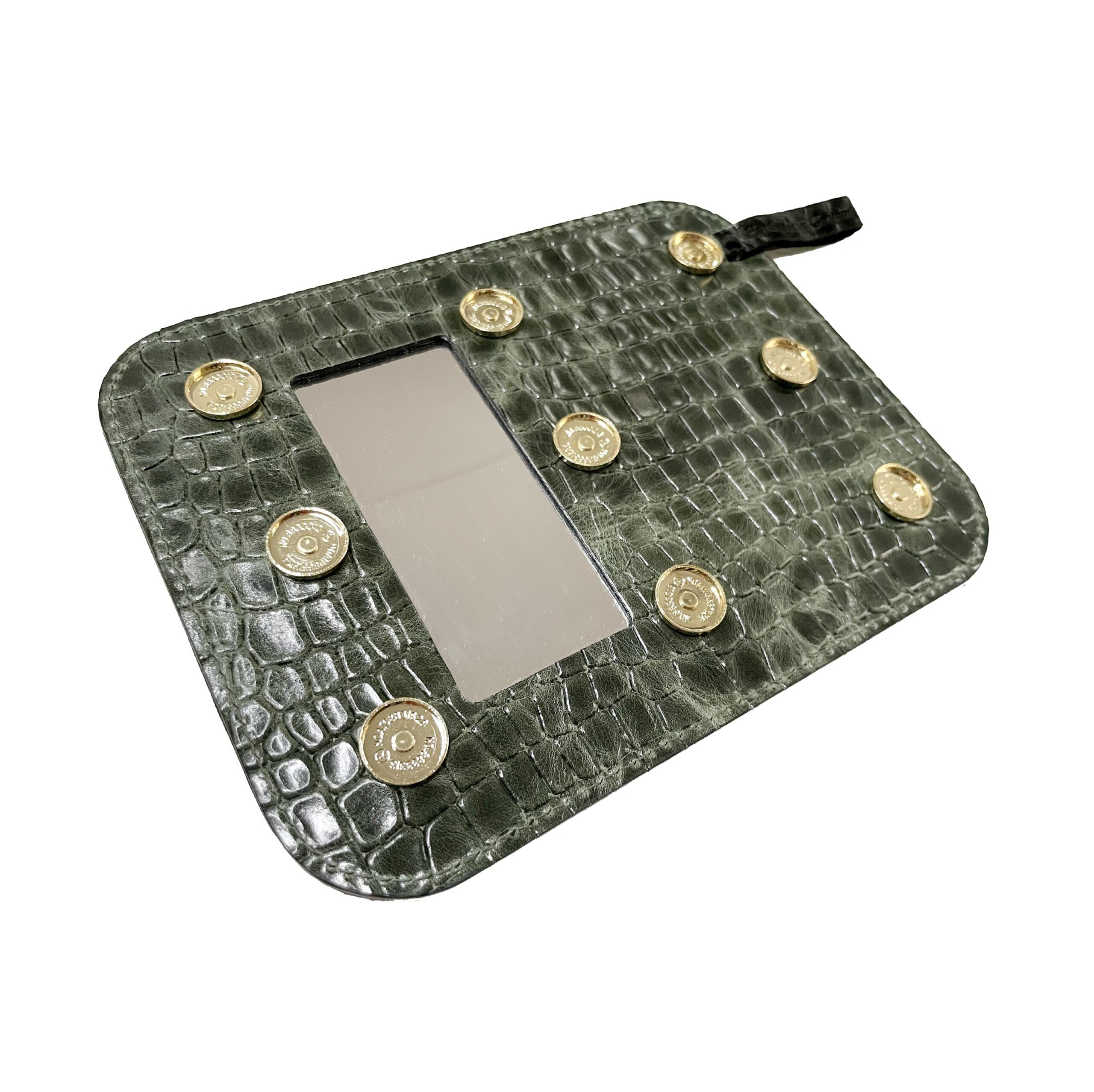 Croco Optik StyleCover backside mirror Schminkspiegel Grün Lackleder Prägung in Krokodil Muster Green Patent Crackle leather für KATY MERCURY Bags wandelbare Taschen handmade in Germany