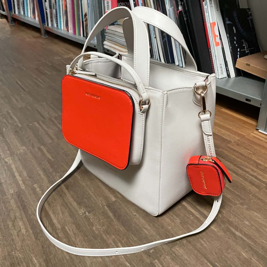 KATY MERCURY Medium Bucket Bag stehender Shopper Tasche Umhängetasche Handtasche off-white eierschalen Weißmit aufgesetzter POUCH und orange STYLE SET