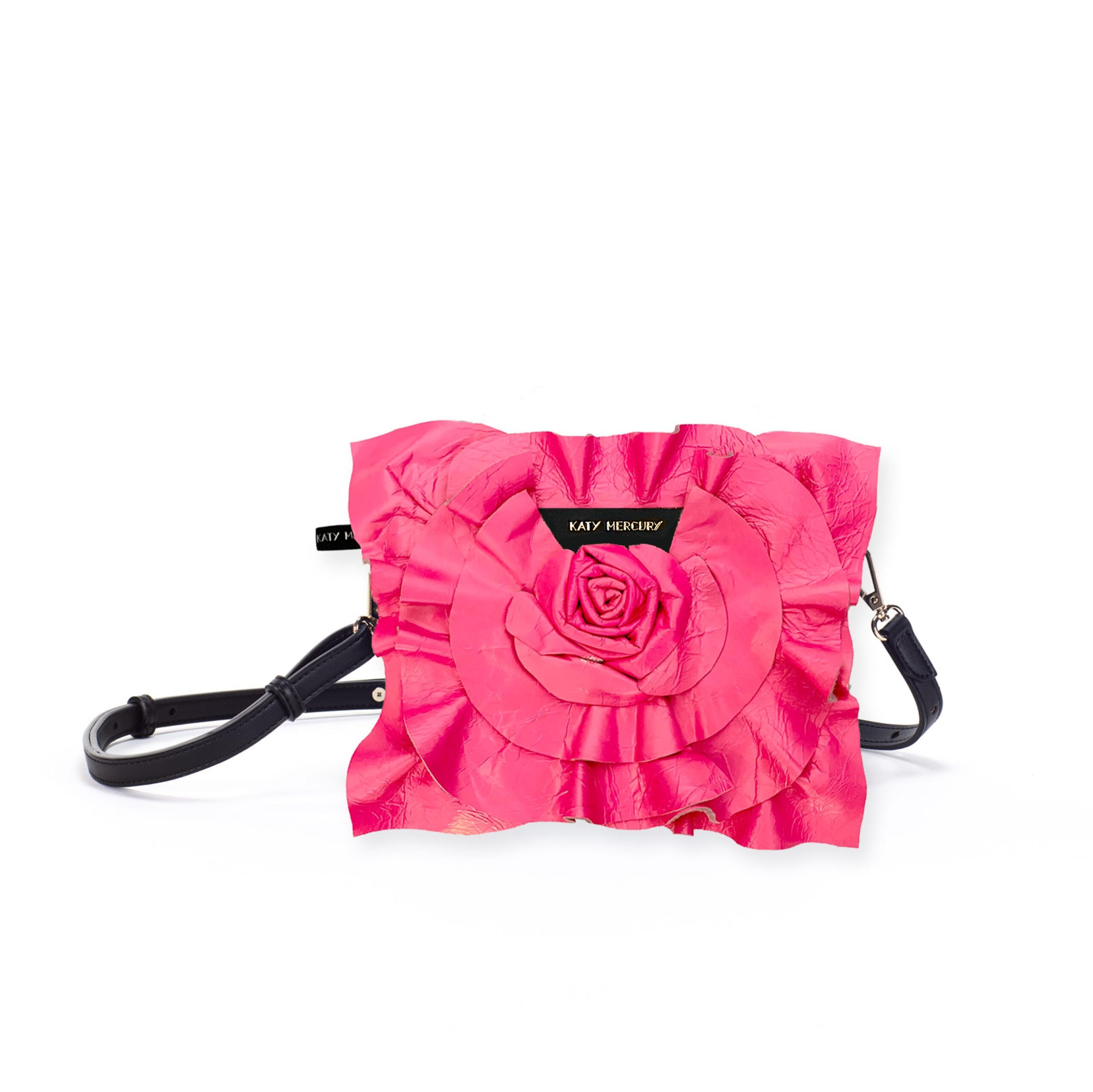 BAG1 mit Neon Pink crackle leather Lederblume StyleCover handgefaltete Lederrose Wechselklappe für KatyMercury Wandelbare Taschen