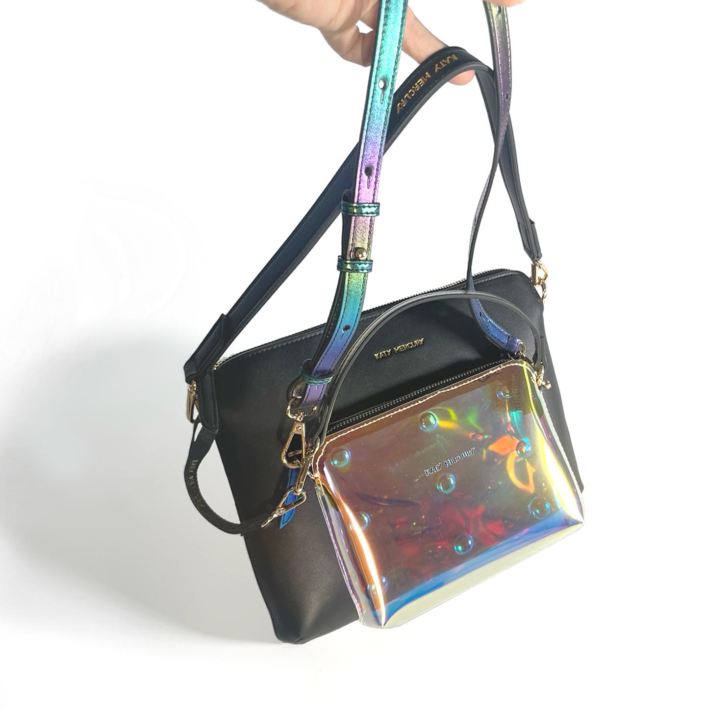Rainbow Shimmer Pouch auf schwarzer Business Tablet Bag Katy Mercury Wandelbare Taschen